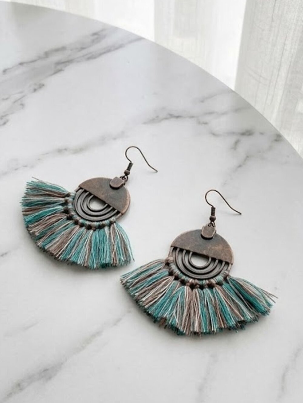 Ladies Teal Aztec Dangle Tassel Earrings
